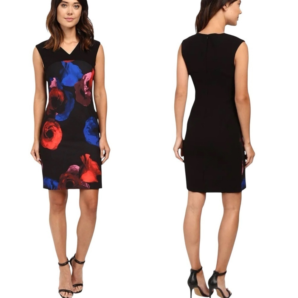Ellen Tracy Blooms Multi Floral Sleeveless Dress Black Size 6